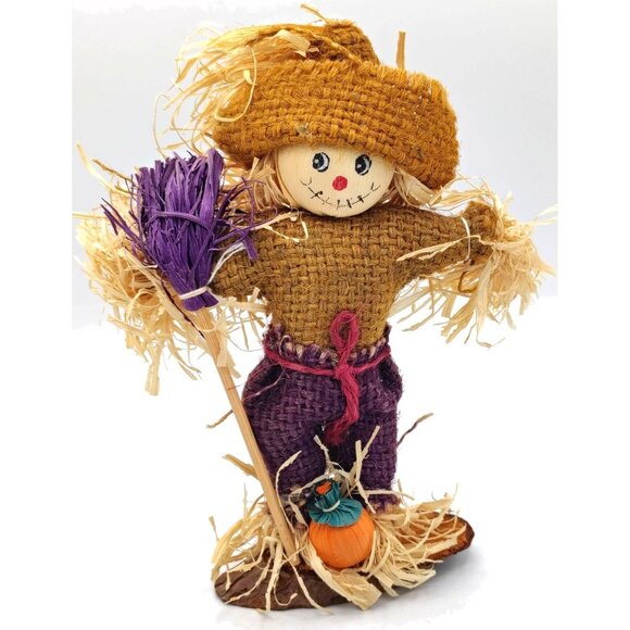 Scarecrow Figure Handmade Fall 7.5 In Wood Base Halloween Pumpkin Harvest Decor - Picture 13 of 15